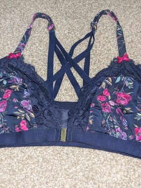 Cacique Navy Floral Lace Bralette with Pink Accents